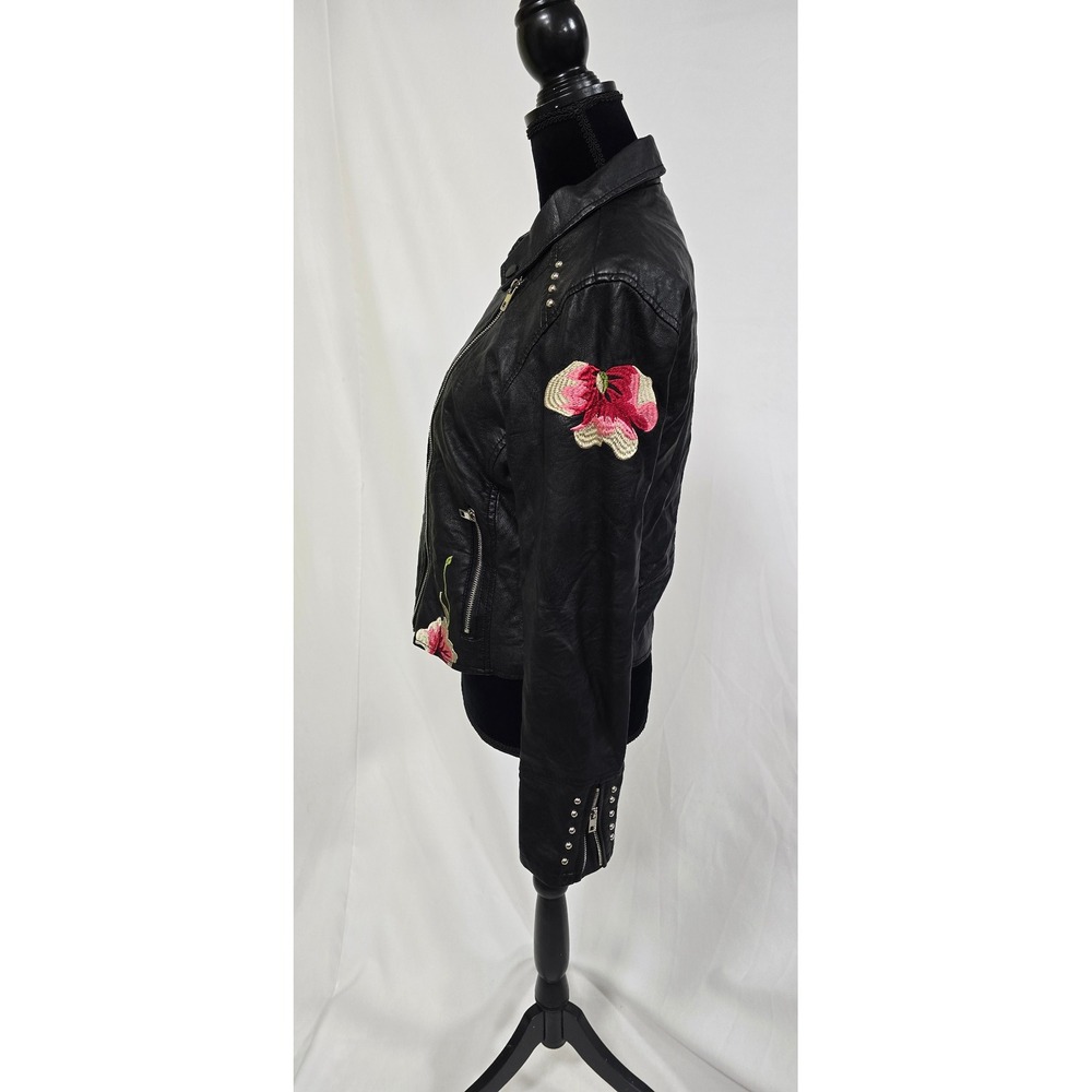 Ci Sono women L black faux leather moto jacket floral embroidery grunge gothic - Picture 8 of 15